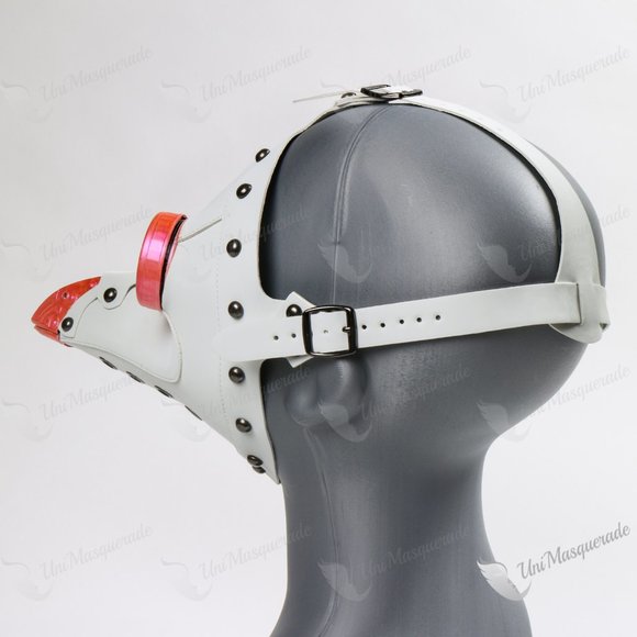 White Leather Plague Doctor Venetian Masquerade Party Mask w/ Pink Goggles Beak - Picture 4 of 6